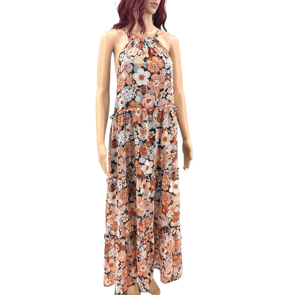 Inspired Hearts Floral Maxi Dress Womens Lrg Black Brown Tiered Lined Halter NWT